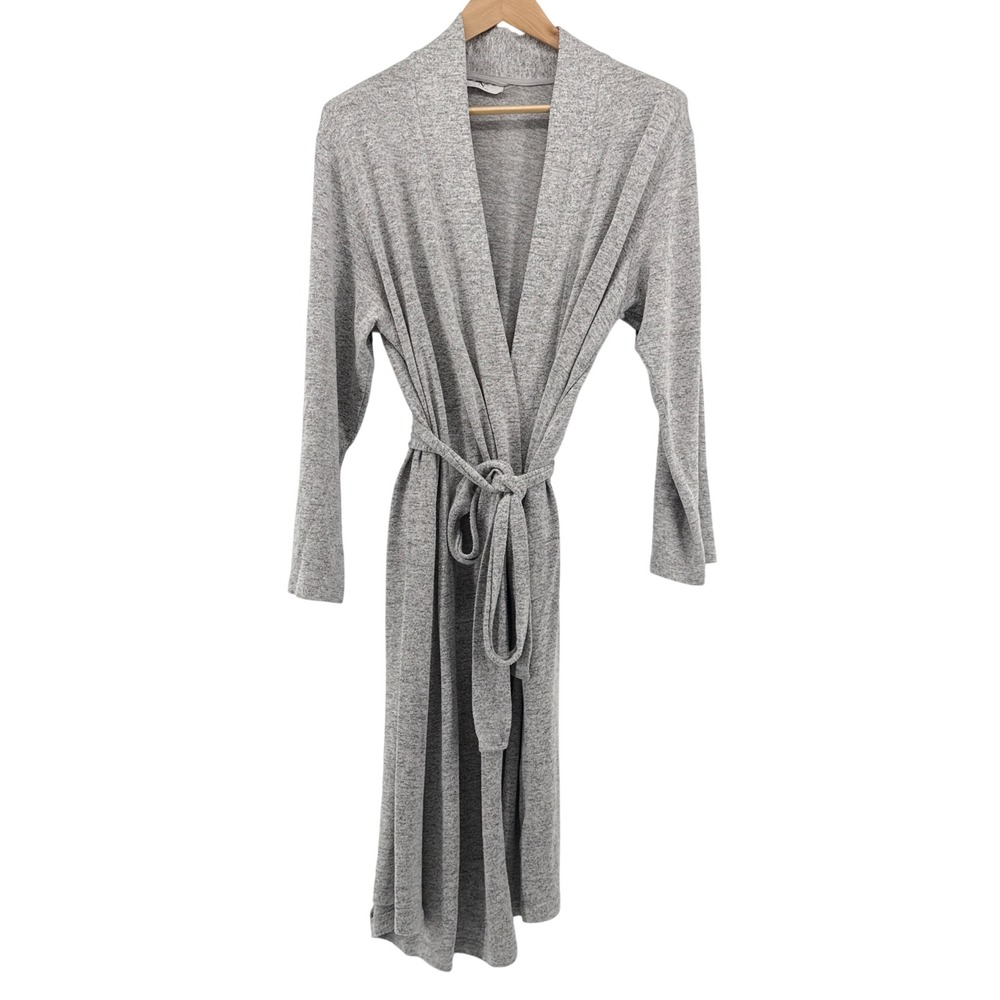 Natori Heathered Gray Long Sleeve Knit Robe Attached Belt Lounge Wrap Large